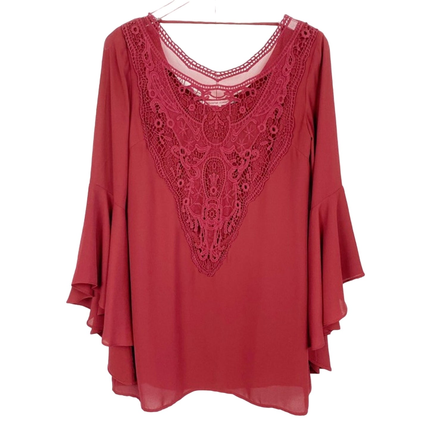 Collective Concepts Bell Sleeves Crochet Lace Front Boho Shift DRESS size SMALL