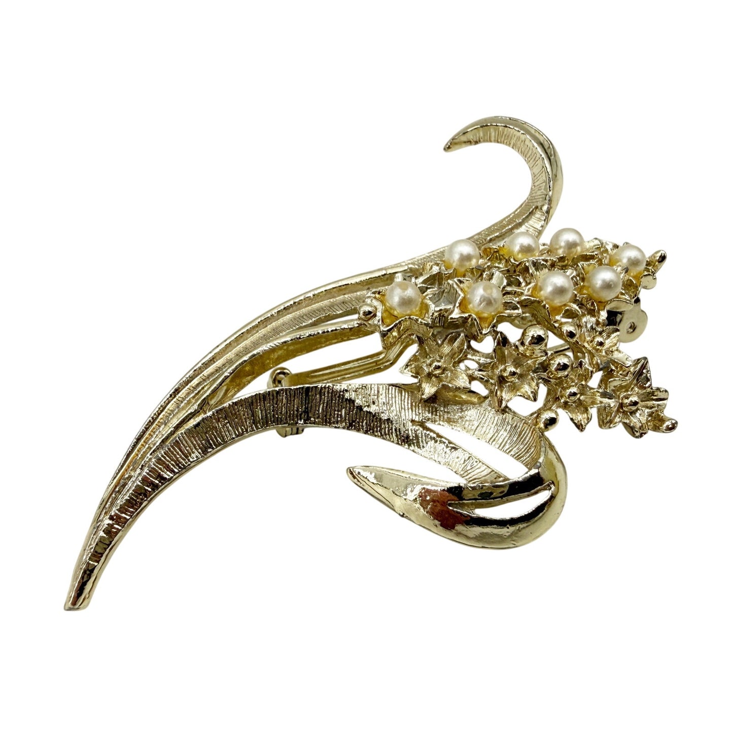 vintage silver & faux pearls Floral Bouquet BROOCH jewelry pin tiny flowers leaf