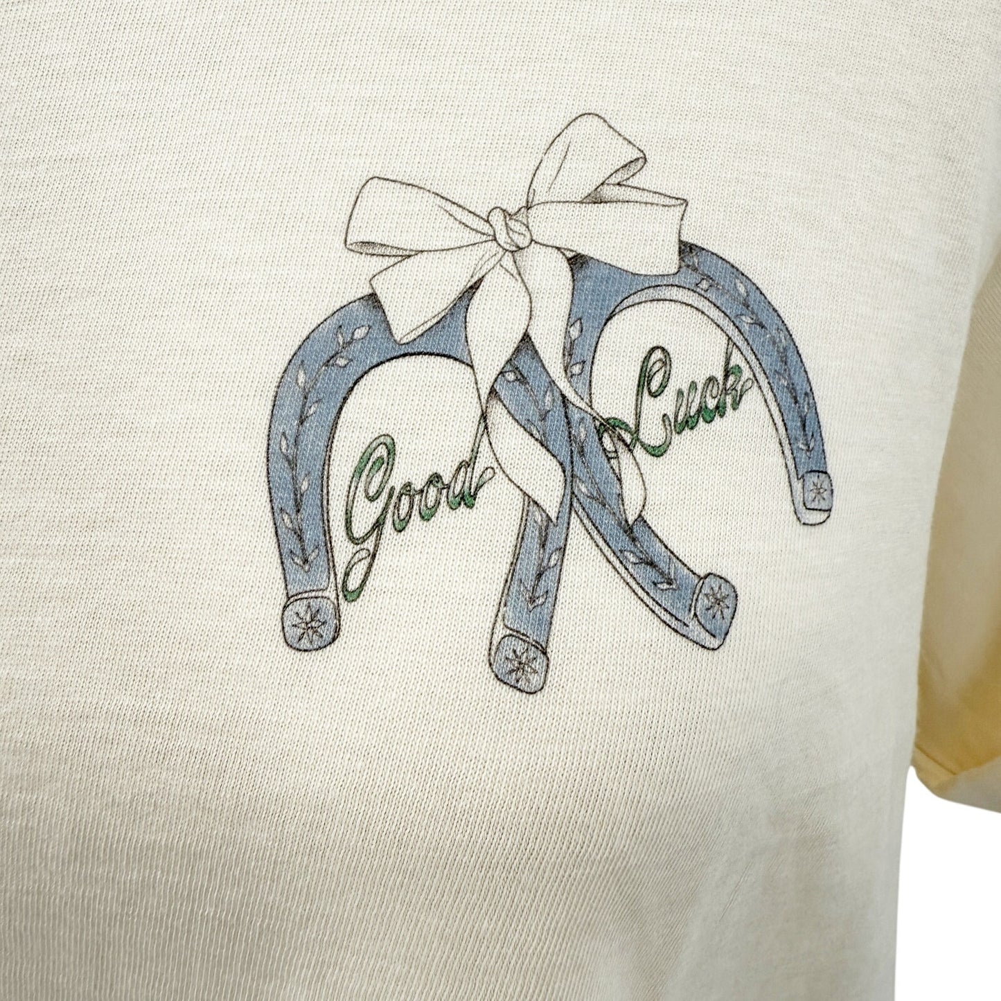 off-white & blue Boyfriend Crop Tee horseshoes bows Good Luck women's XS new top