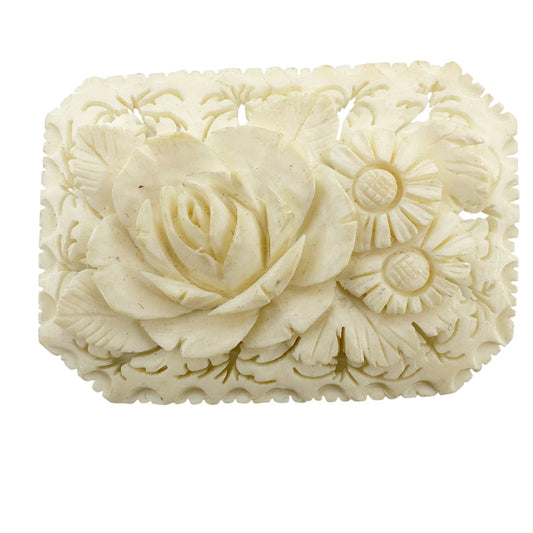 vintage cream carved celluloid flower BROOCH floral jewelry pin trombone clasp
