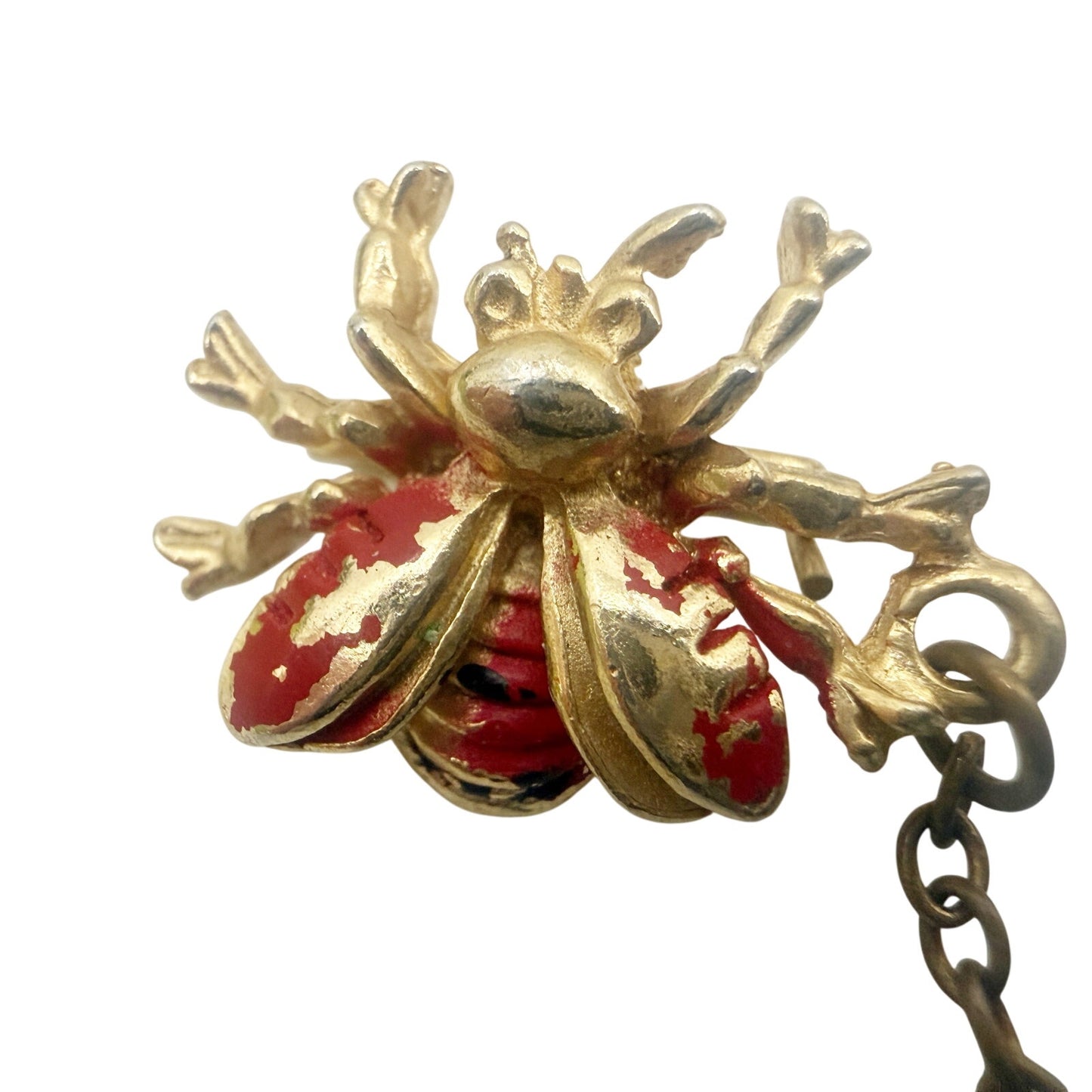 vintage pair red gold Bees bugs attached chain BROOCH insect costume jewelry pin