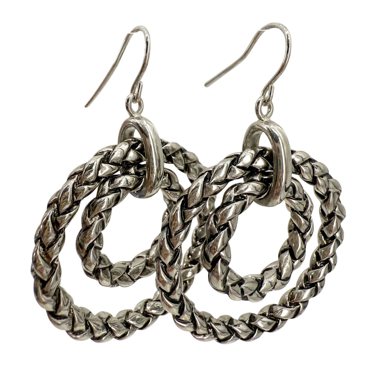 Ralph Lauren RLL silver metal Double Hoop Earrings woven braid rope texture