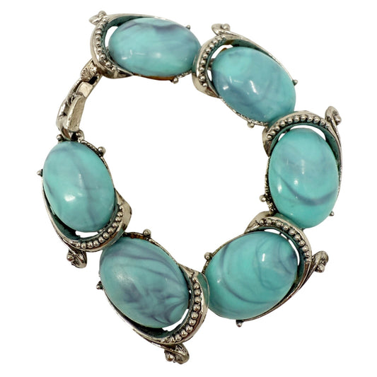 vintage faux turquoise stones & silver tone metal Link Bracelet costume jewelry