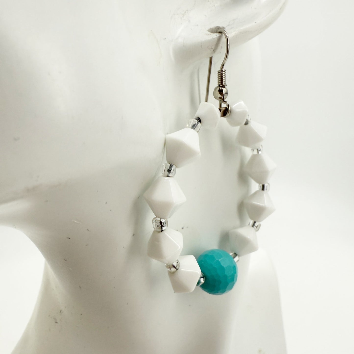 handmade white & turquoise blue loop beaded EARRINGS jewelry NEW vintage beads