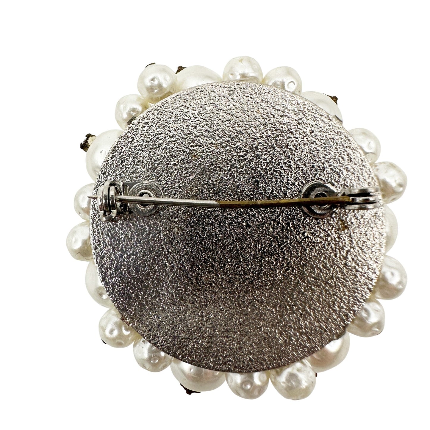 vintage pearls clear rhinestones iridescent BROOCH round jewelry pin