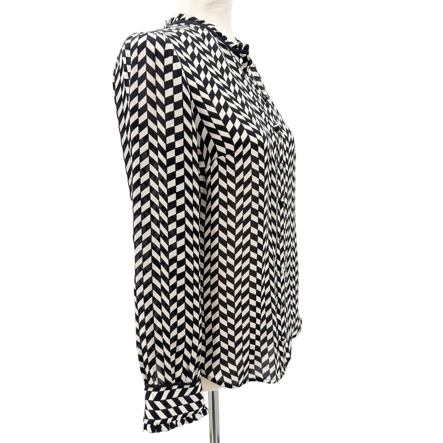 J.Crew black & white silk Button-Up Blouse womens 2 top XS geometric houndstooth