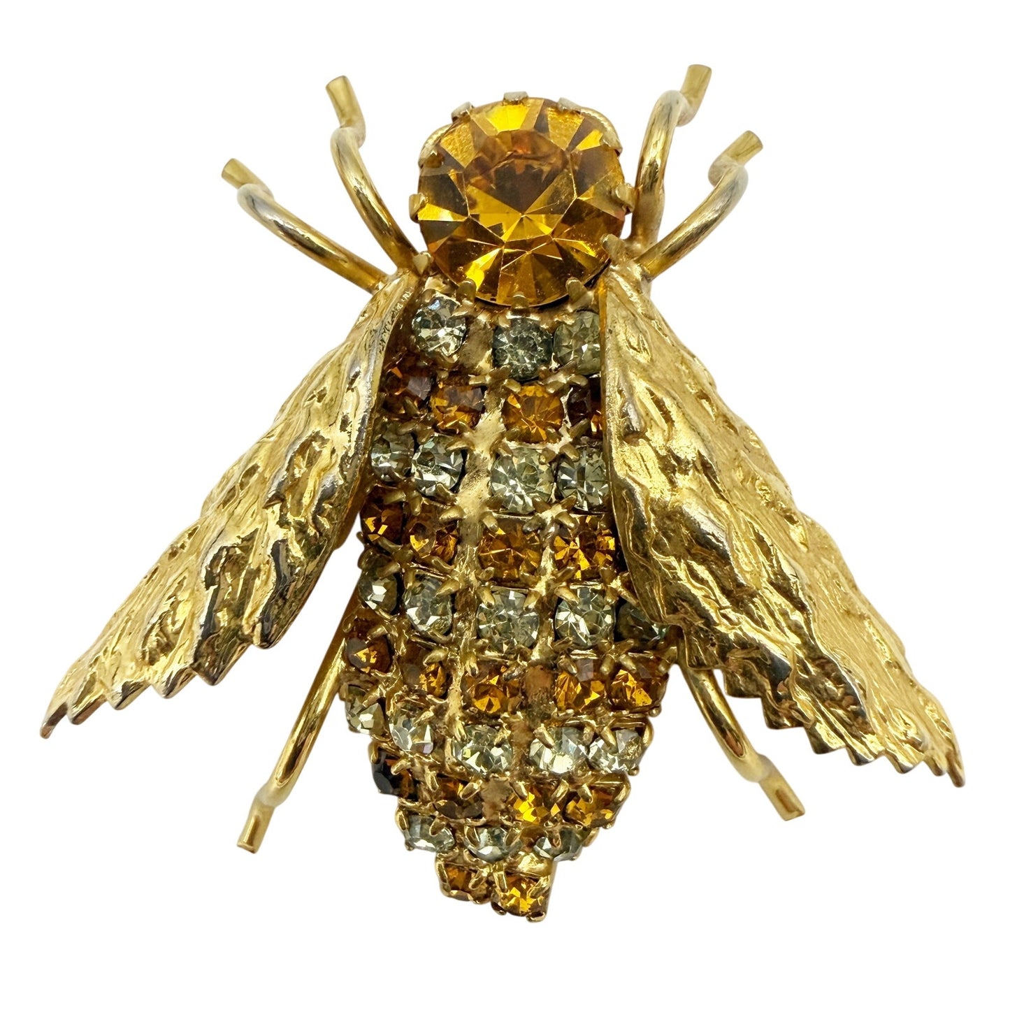 vintage gold Honey Bee bug BROOCH insect jewelry pin clear topaz rhinestones