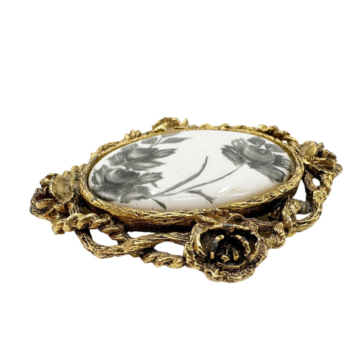 vintage black floral roses BROOCH gold white pendant jewelry pin