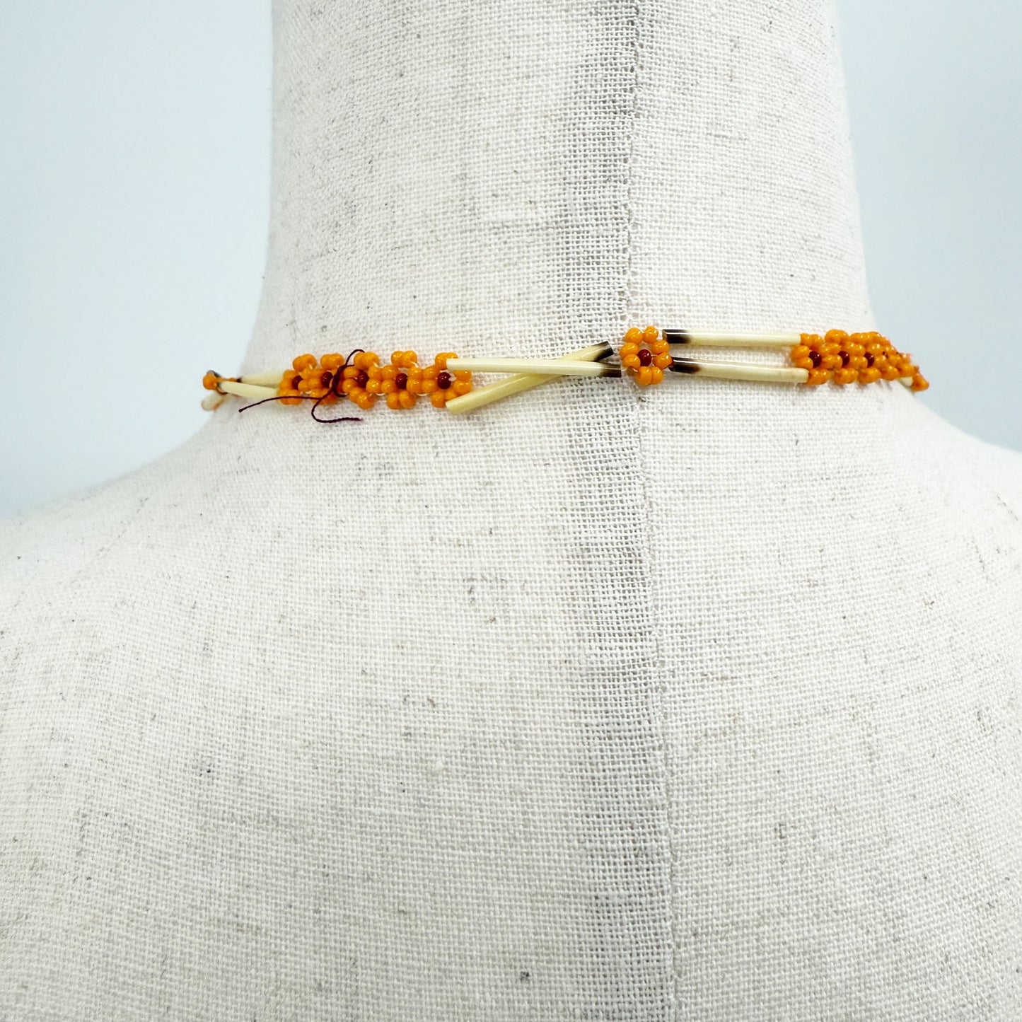 vintage orange & burgundy seed bead flowers Tassel Necklace porcupine quills