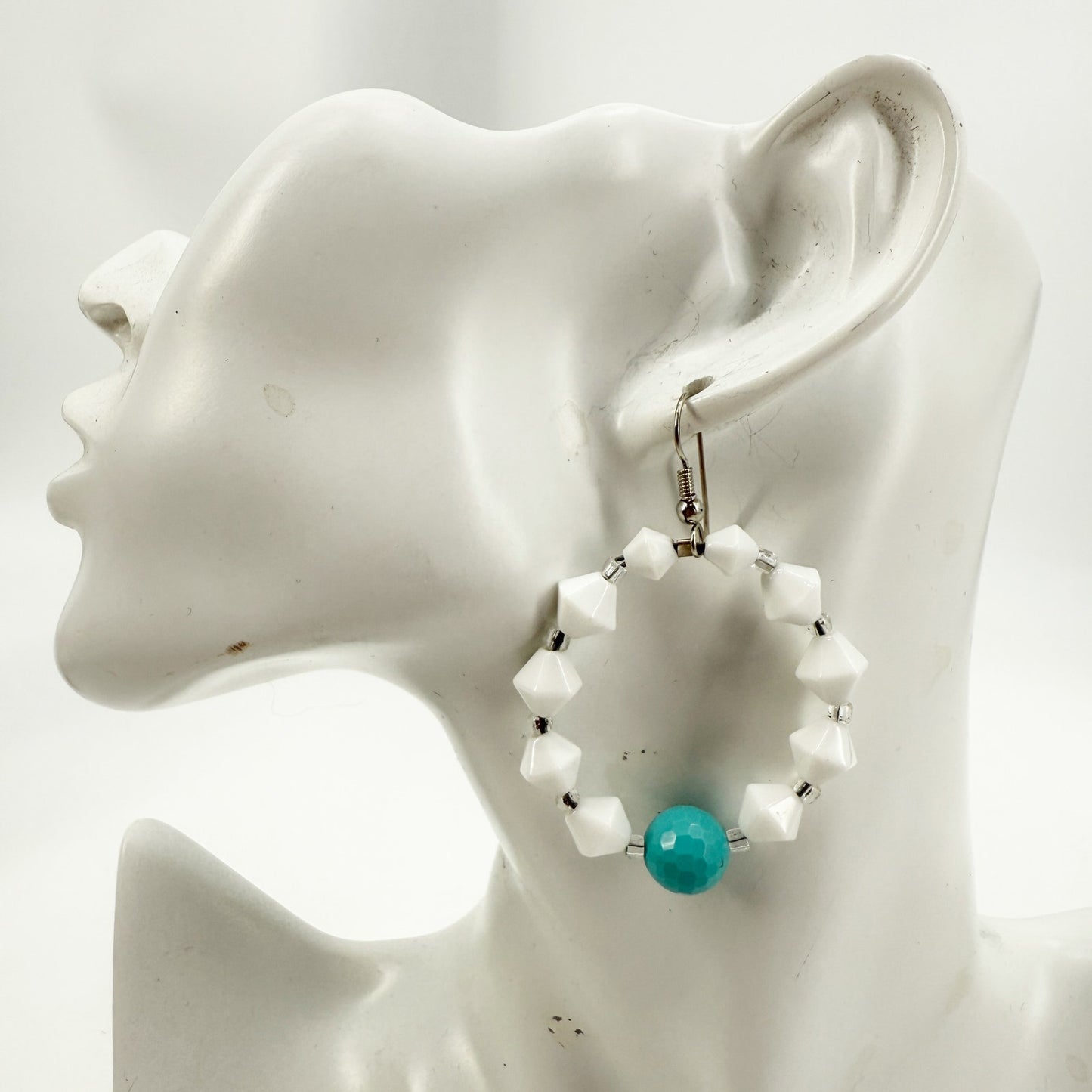 handmade white & turquoise blue loop beaded EARRINGS jewelry NEW vintage beads