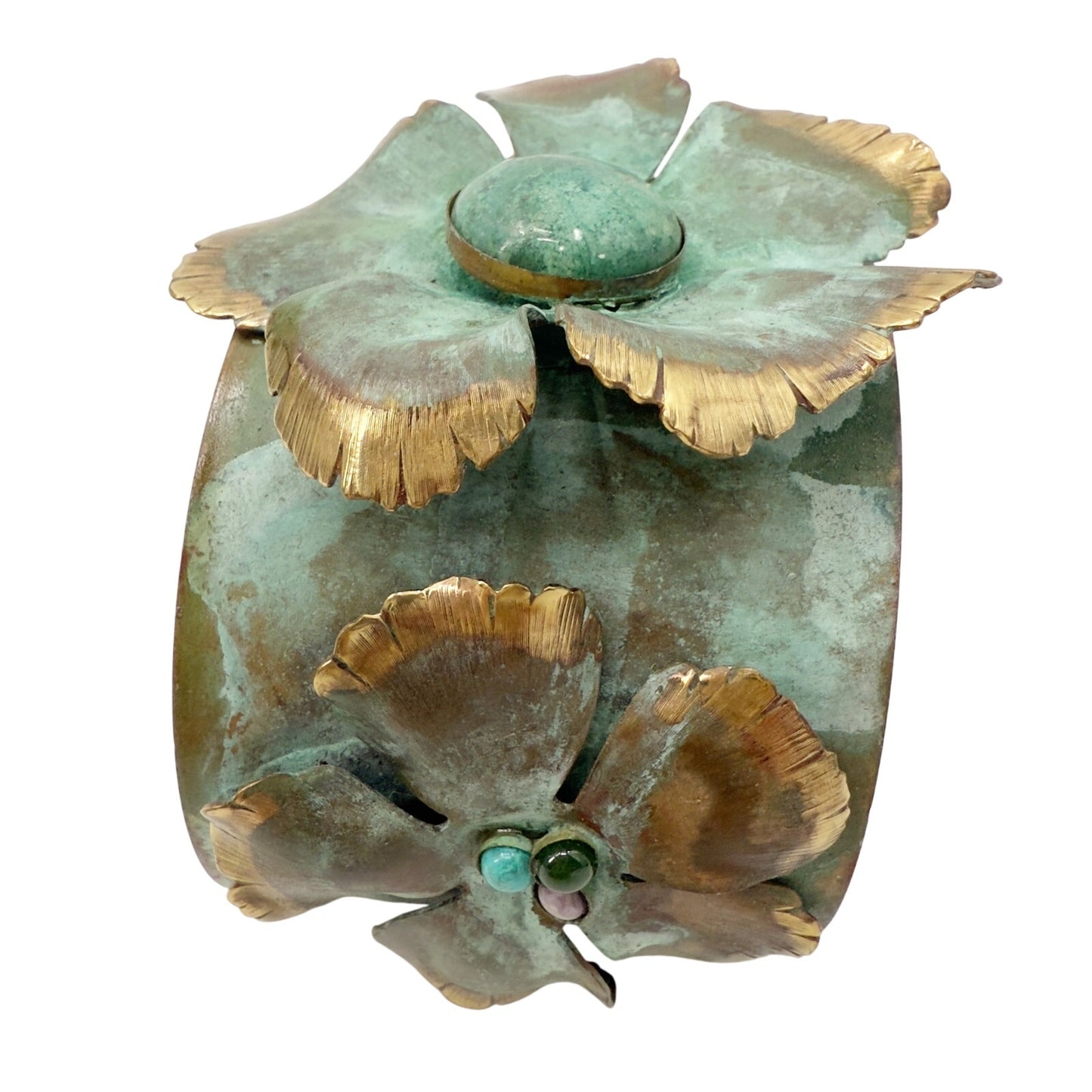 Verdigris Patina solid brass floral wide 2" Cuff Bracelet genuine stones jewelry