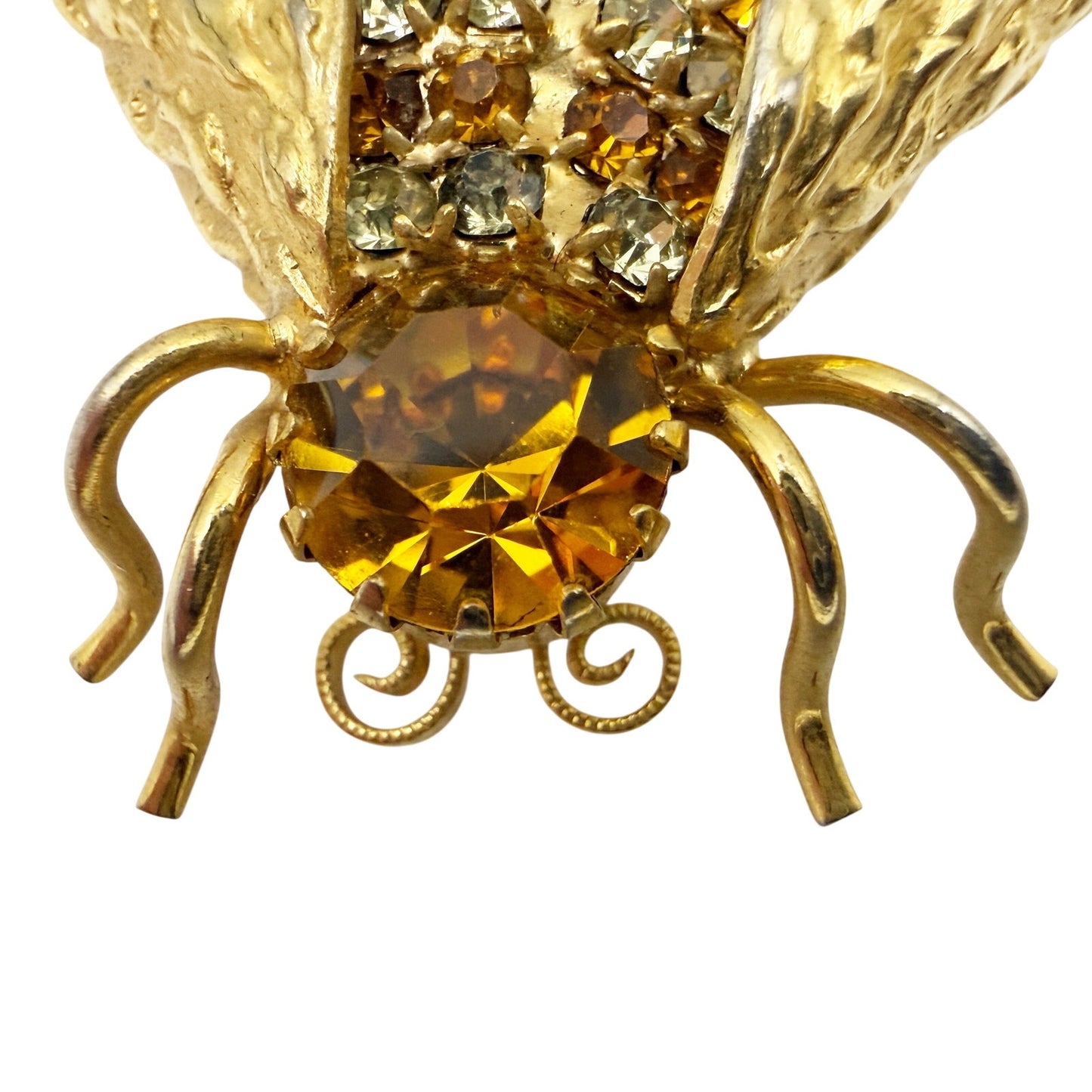 vintage gold Honey Bee bug BROOCH insect jewelry pin clear topaz rhinestones