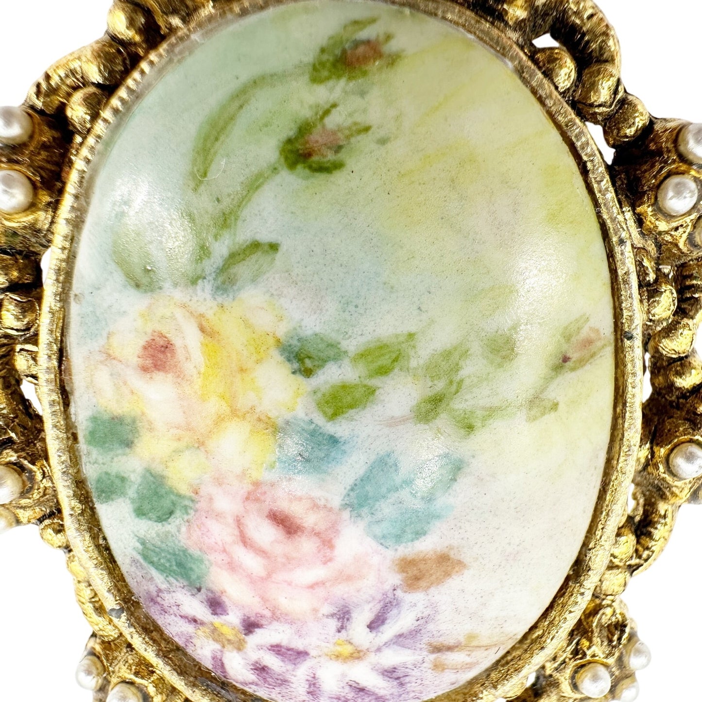 vintage gold painted flower cameo faux pearls BROOCH pendant floral jewelry pin