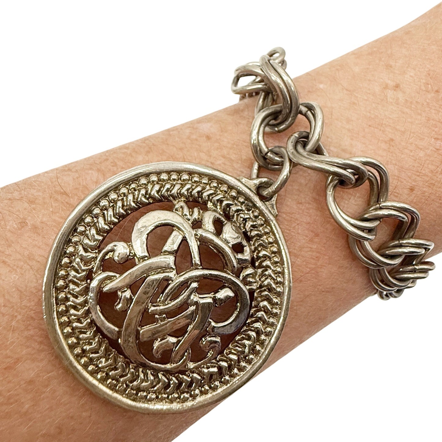 vintage double curb link chain Charm Bracelet silver tone metal large medallion
