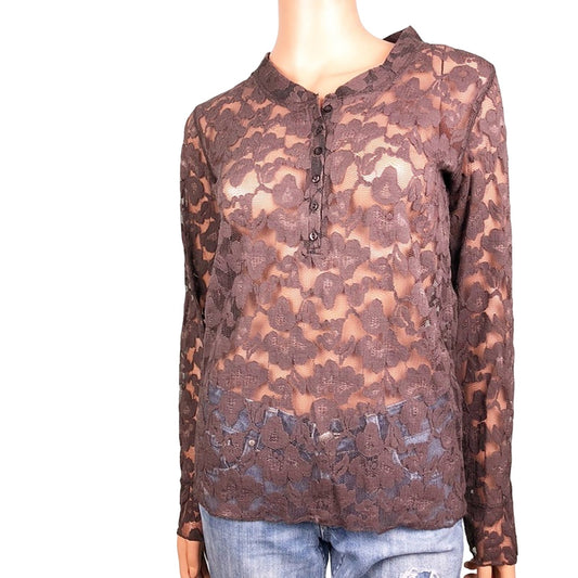 SAGA dark brown LACE sheer blouse TOP long sleeves women's S small