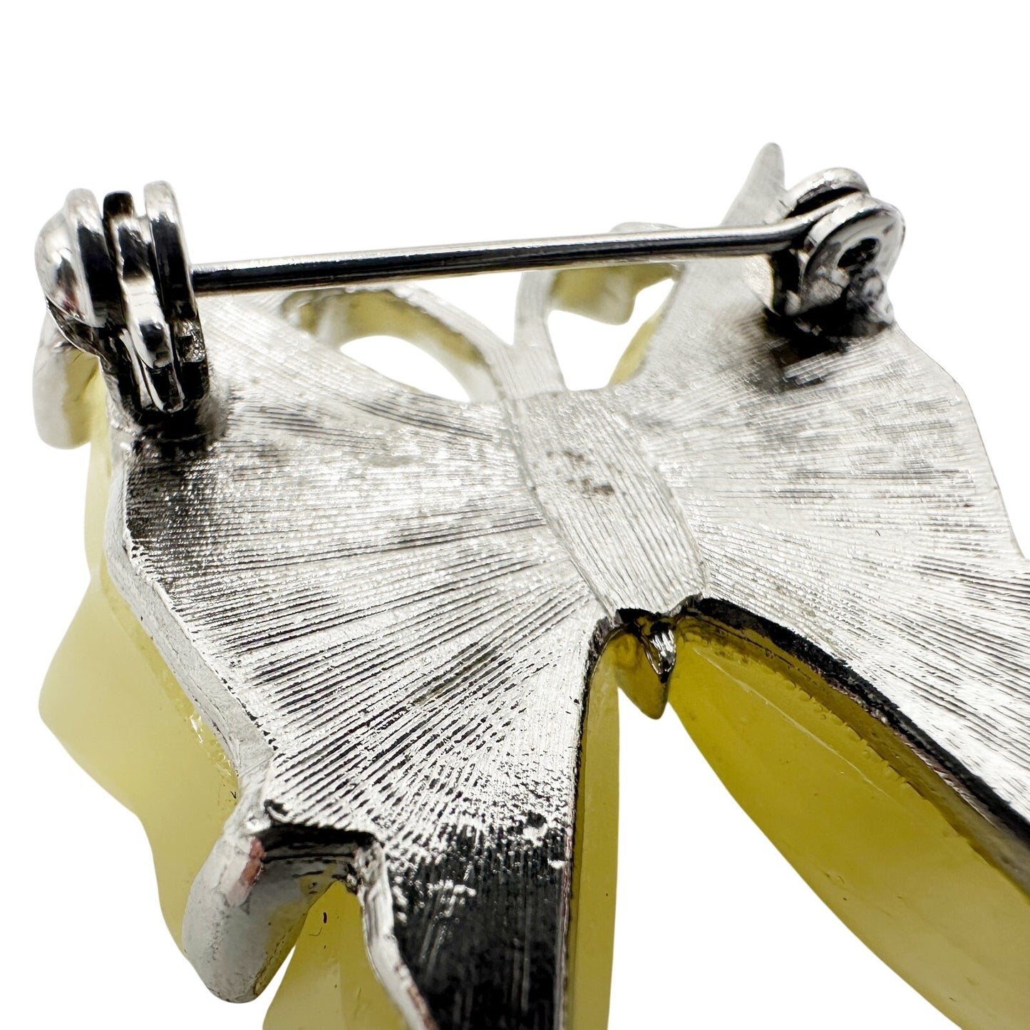 vintage translucent yellow acrylic butterfly BROOCH silver jewelry pin