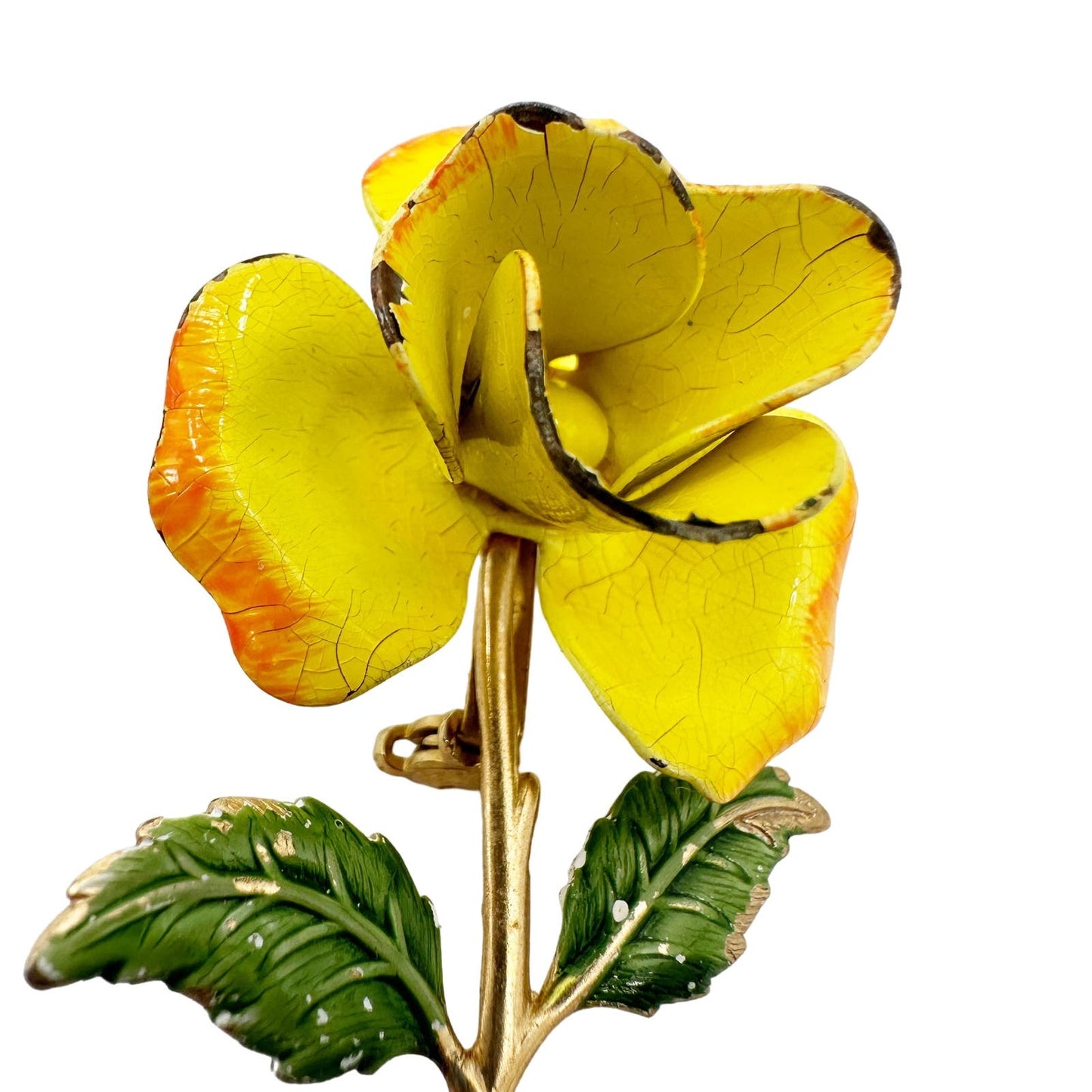 vintage enamel yellow metal flower BROOCH floral jewelry pin stem leaves