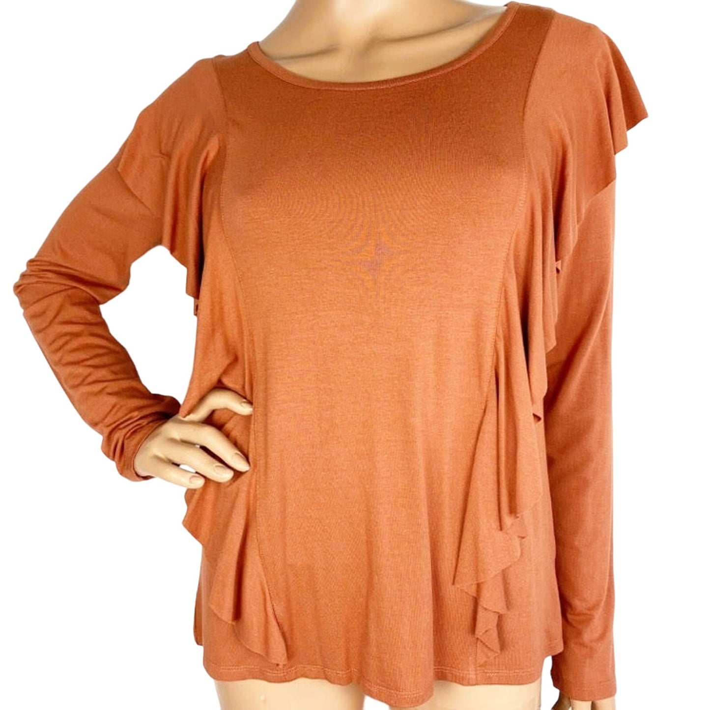 FRYE baked clay orange rust long sleeve Ruffle Knit Top women's S small new $88