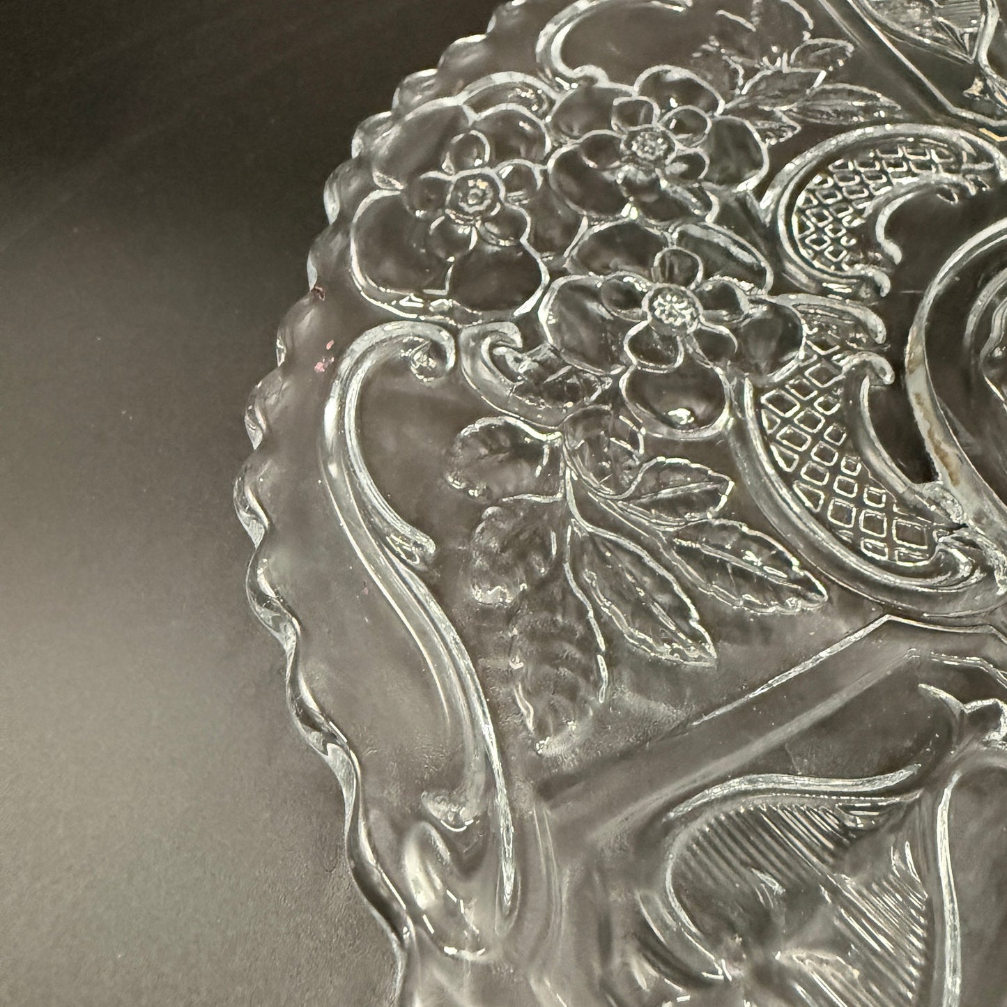 vintage 10.5" clear glass floral Cake Plate scalloped edge pressed glassware