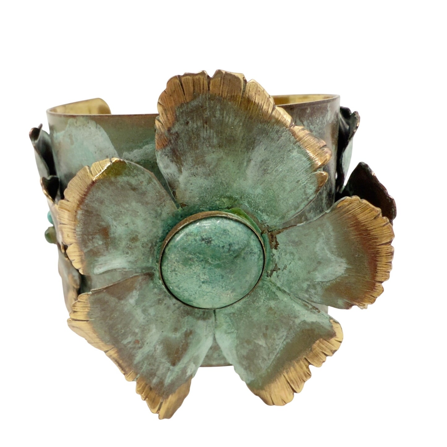Verdigris Patina solid brass floral wide 2" Cuff Bracelet genuine stones jewelry