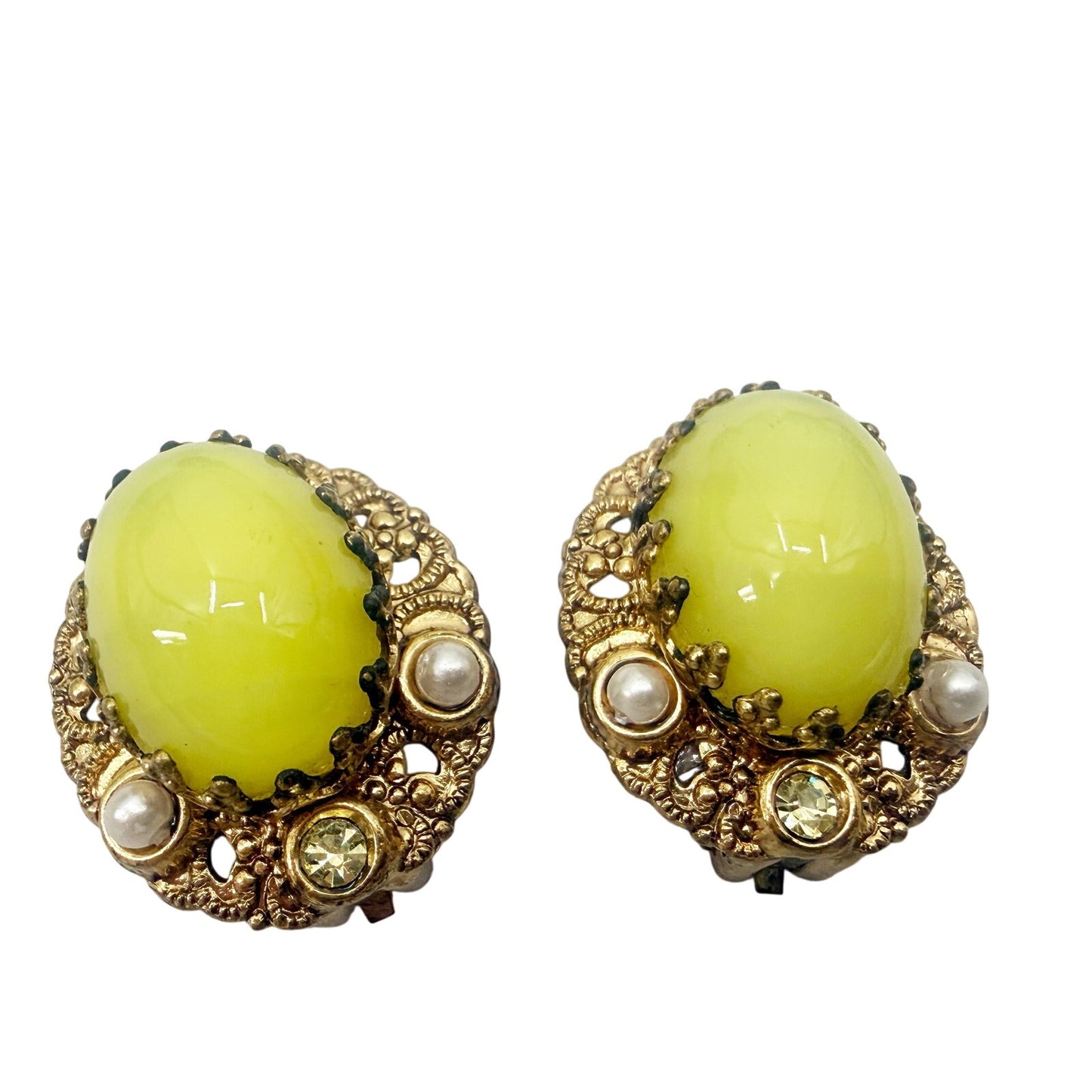 vintage West Germany yellow gold BROOCH jewelry clip EARRINGS rhinestones pearls