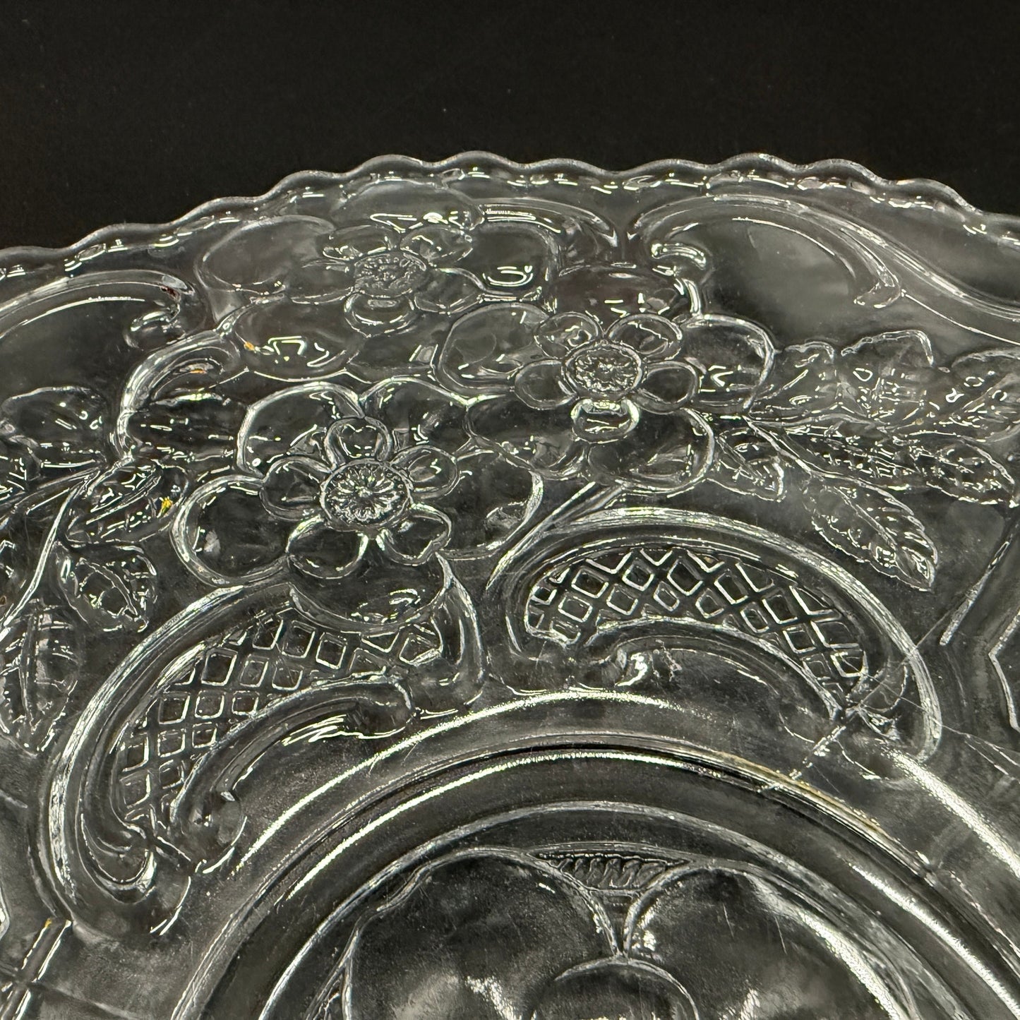 vintage 10.5" clear glass floral Cake Plate scalloped edge pressed glassware