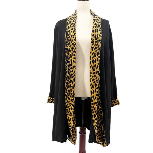 vintage Connie Anderson Audio black leopard long open front Jacket women's LARGE