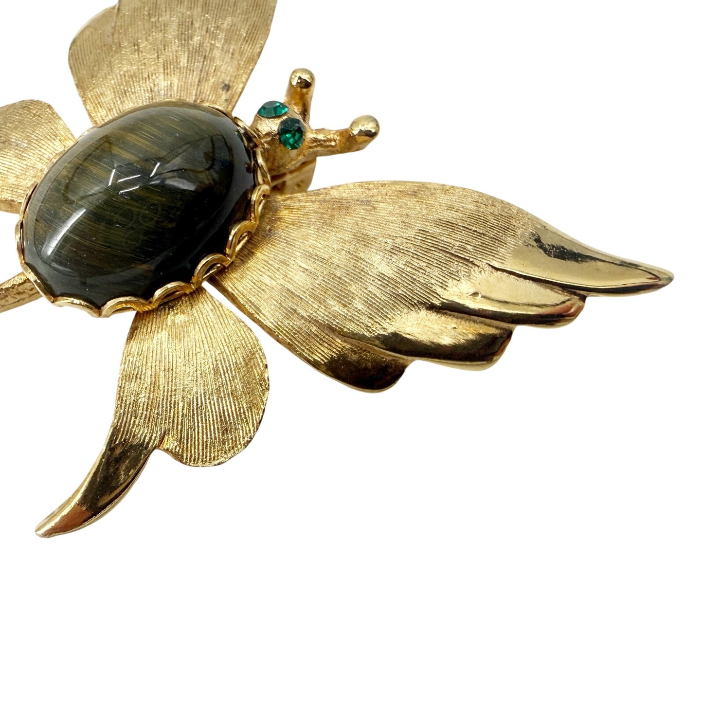 vintage gold & brown stone body Butterfly BROOCH insect jewelry pin green gems