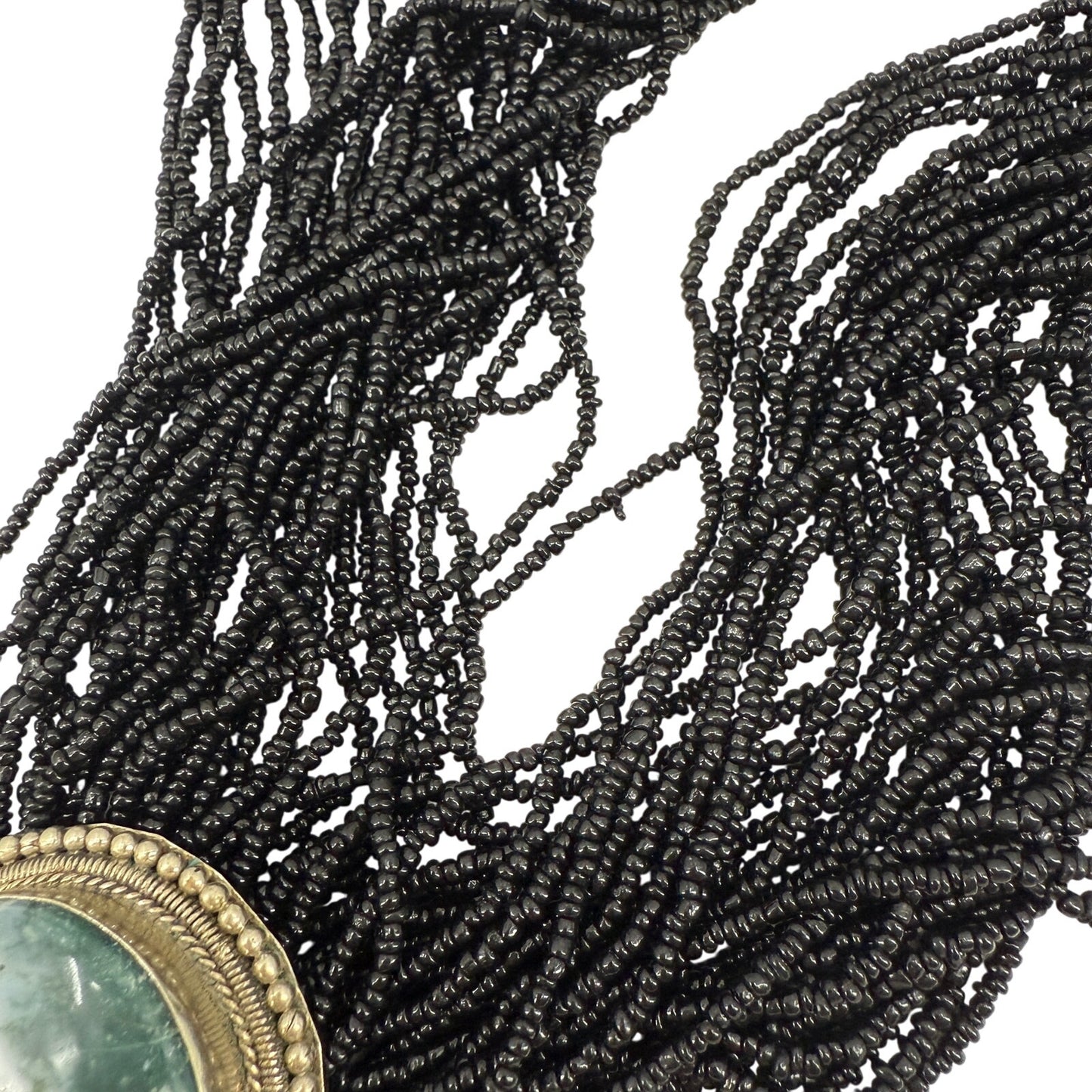 multi-strand black seed bead Necklace moss agate oval Pendant beaded strands