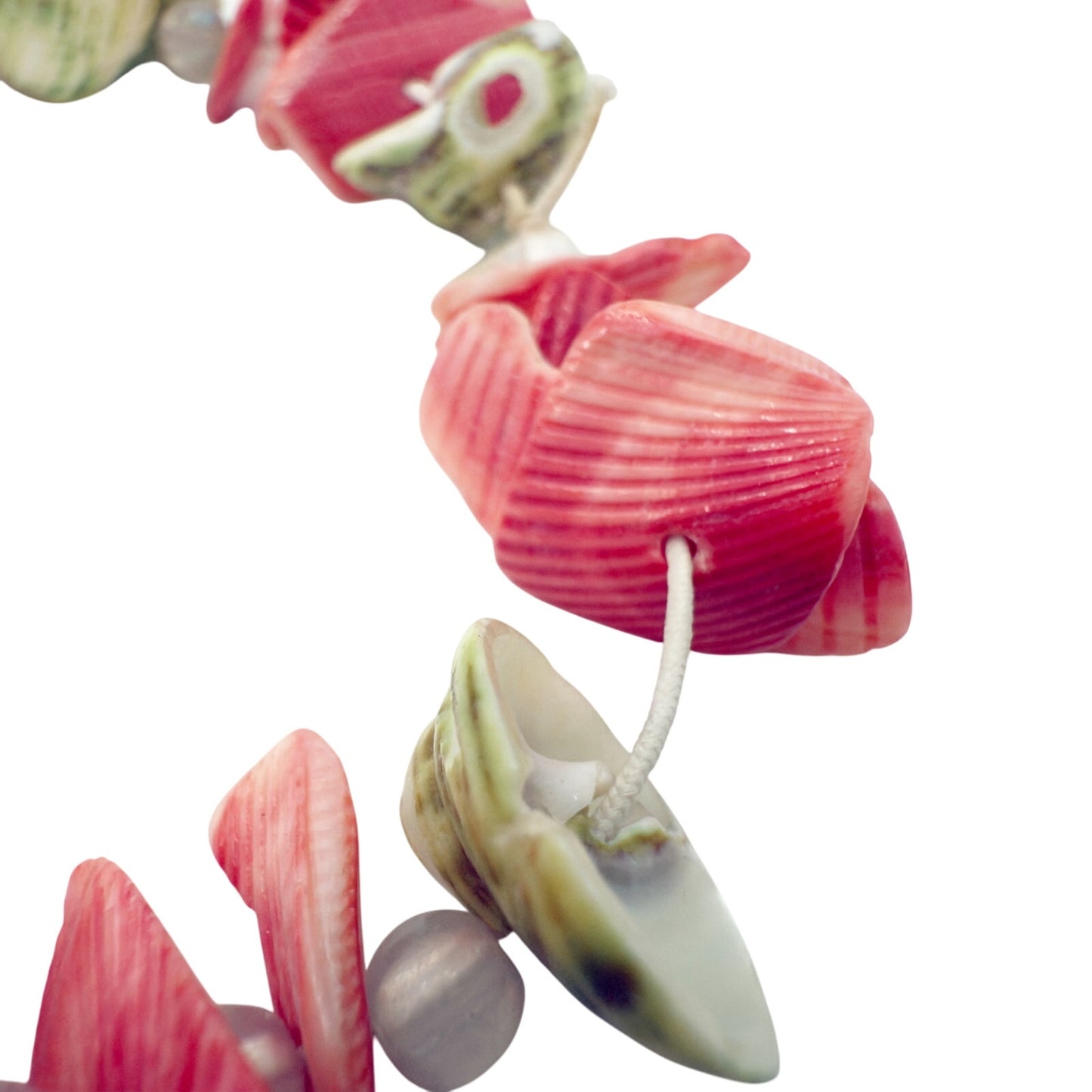 pinkish coral & green seashells with clear beads Bracelet shells beach jewelry