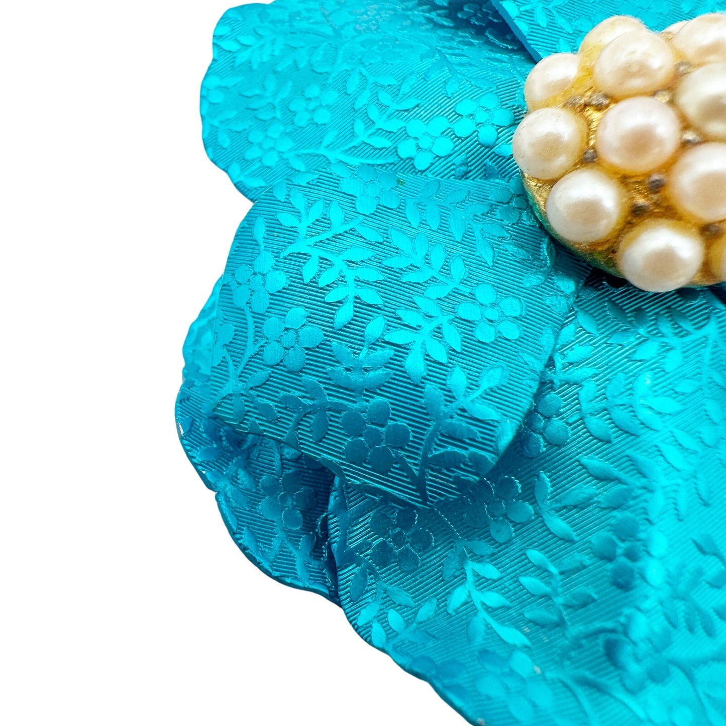 vintage metal large metallic blue flower BROOCH faux pearls floral jewelry pin