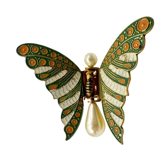 vintage Butterfly Clip green orange gold faux pearls jewelry pin made in SPAIN