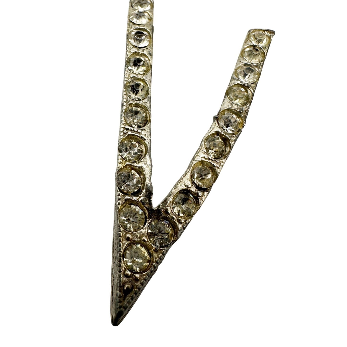 vintage "V" or arrow tip silver & clear rhinestones BROOCH jewelry pin