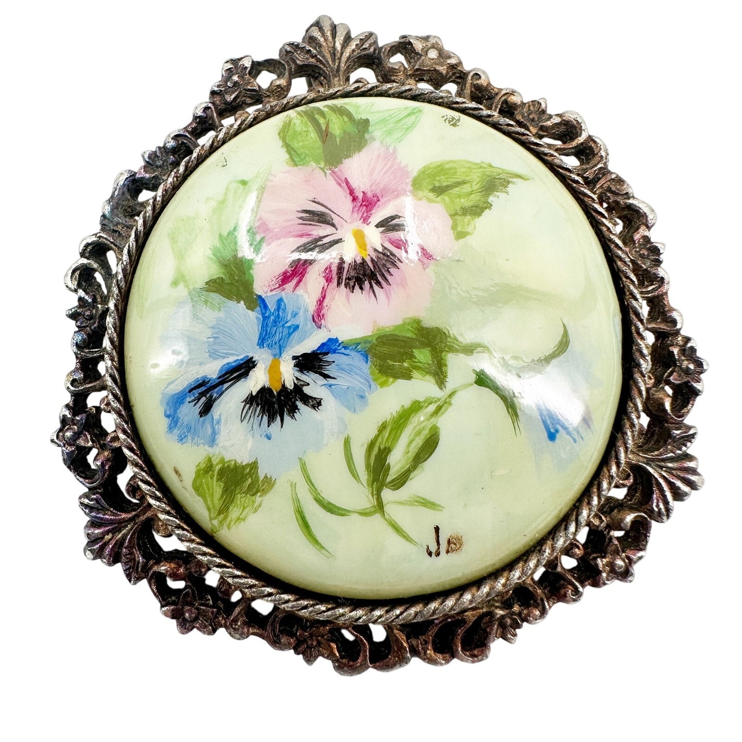 vintage pink blue pansy flowers metal cameo BROOCH pendant floral jewelry pin