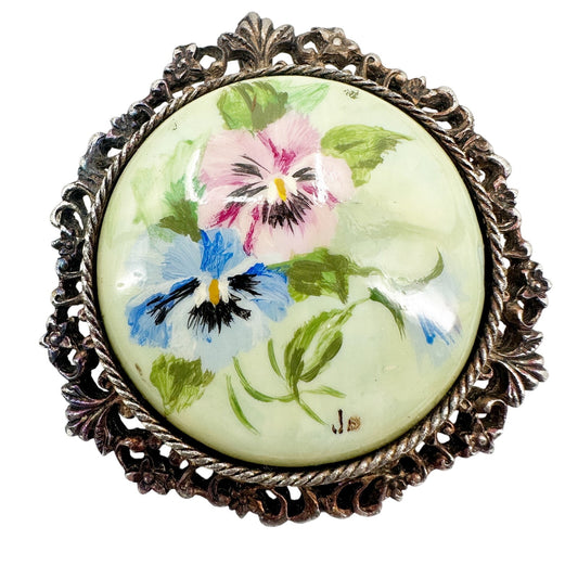 vintage pink blue pansy flowers metal cameo BROOCH pendant floral jewelry pin