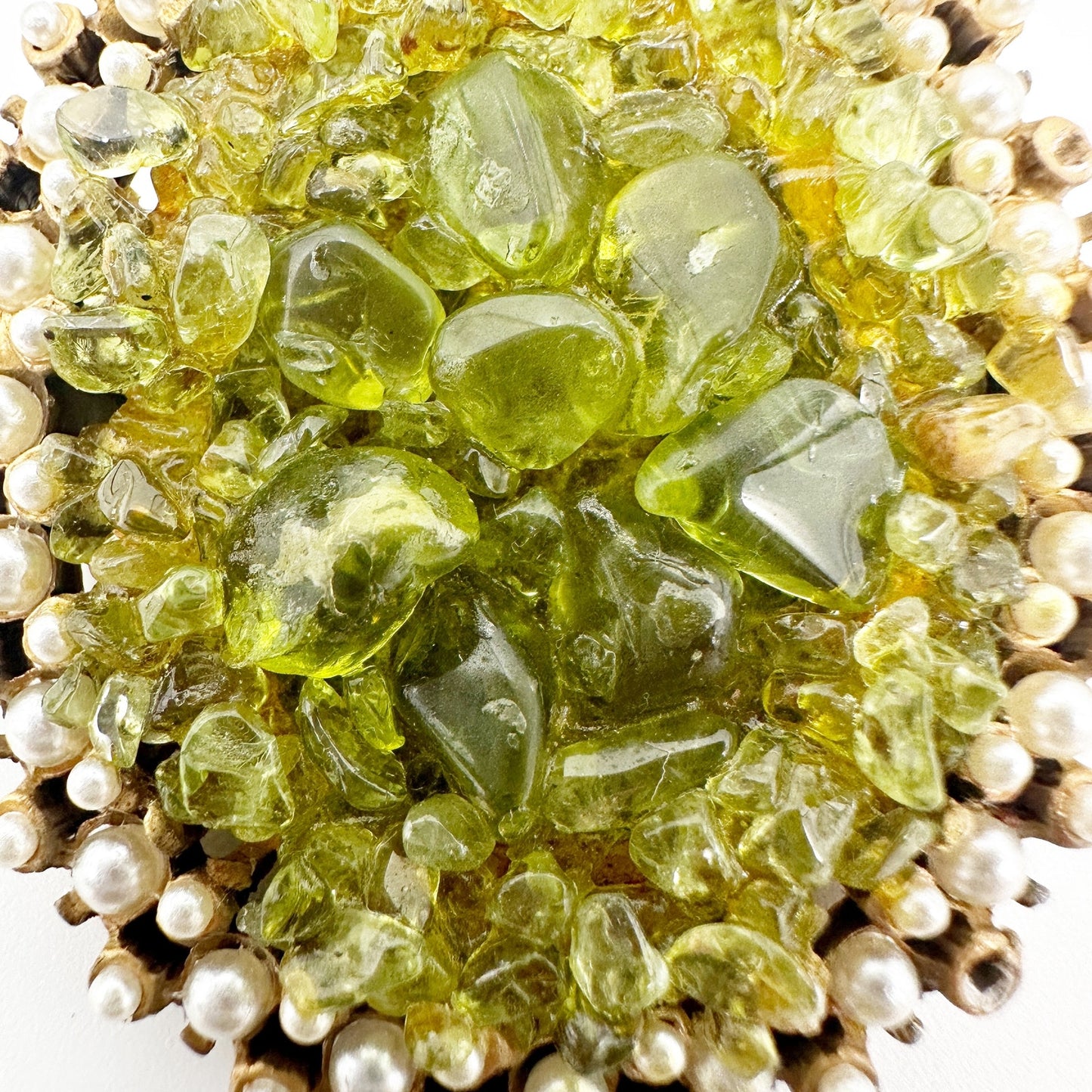 vintage faux pearls gold green stones BROOCH floral jewelry pin