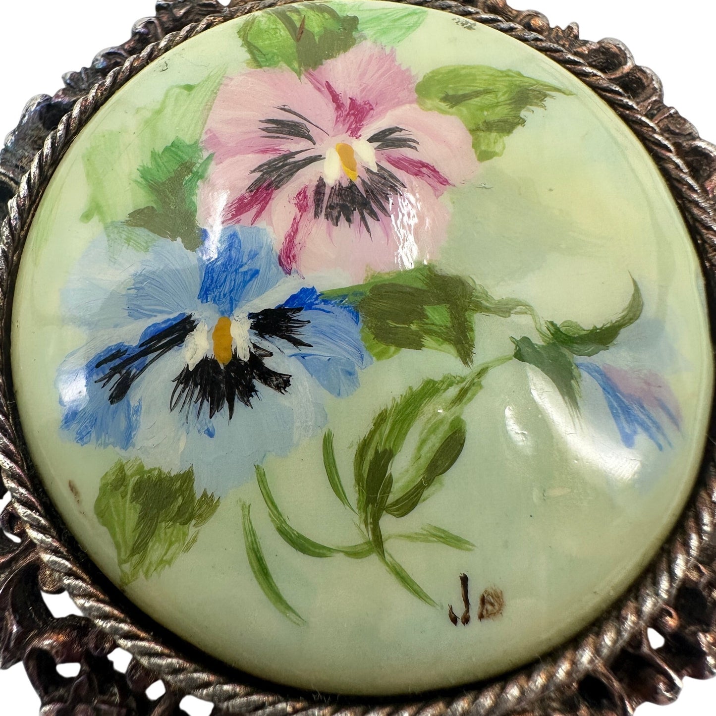 vintage pink blue pansy flowers metal cameo BROOCH pendant floral jewelry pin