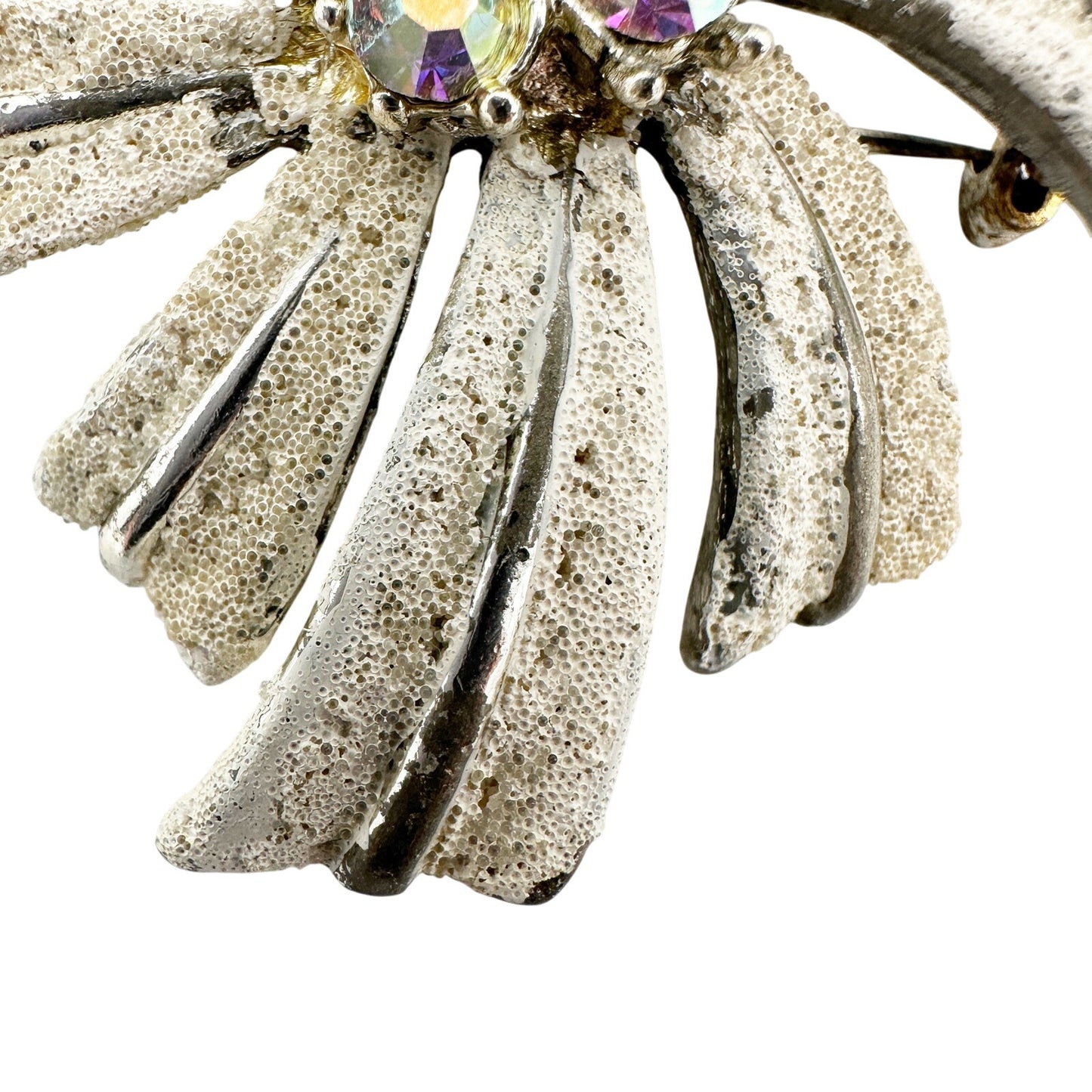 vintage silver & white rhinestones flower BROOCH floral pinwheel jewelry pin