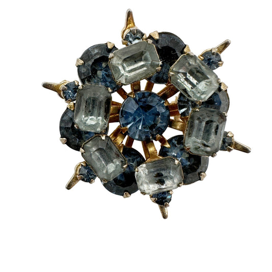 vintage light & dark blue rhinestones BROOCH round jewelry pin