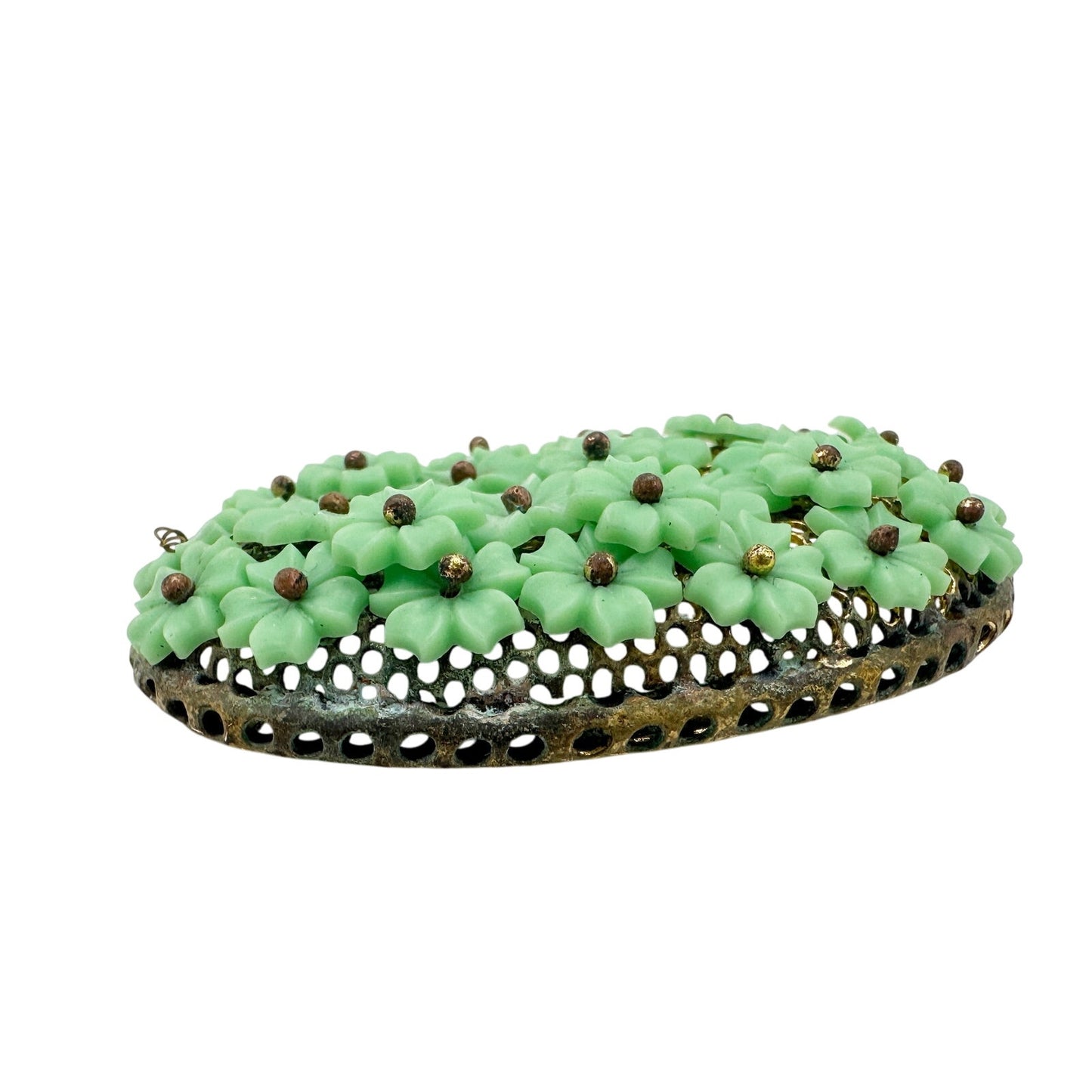vintage small green flowers on oval metal BROOCH floral jewelry *missing pin*