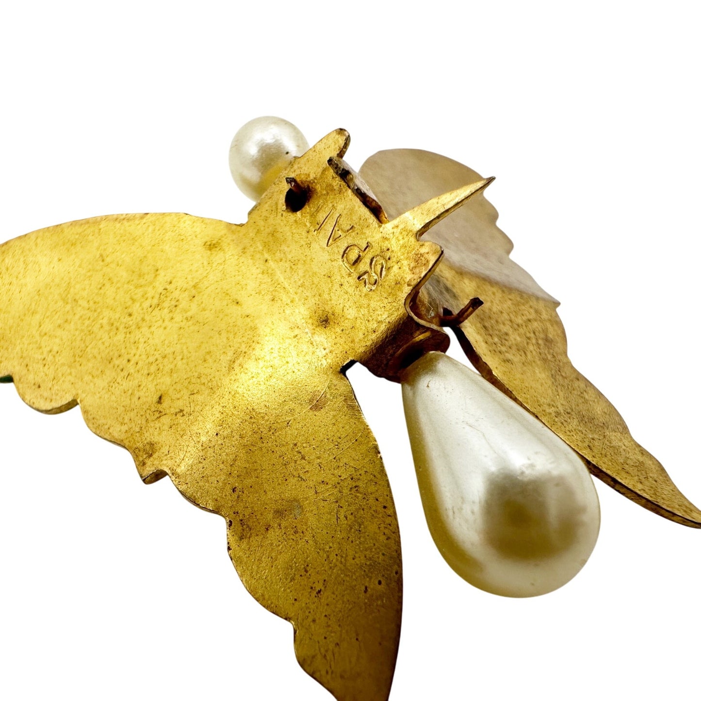 vintage Butterfly Clip green orange gold faux pearls jewelry pin made in SPAIN