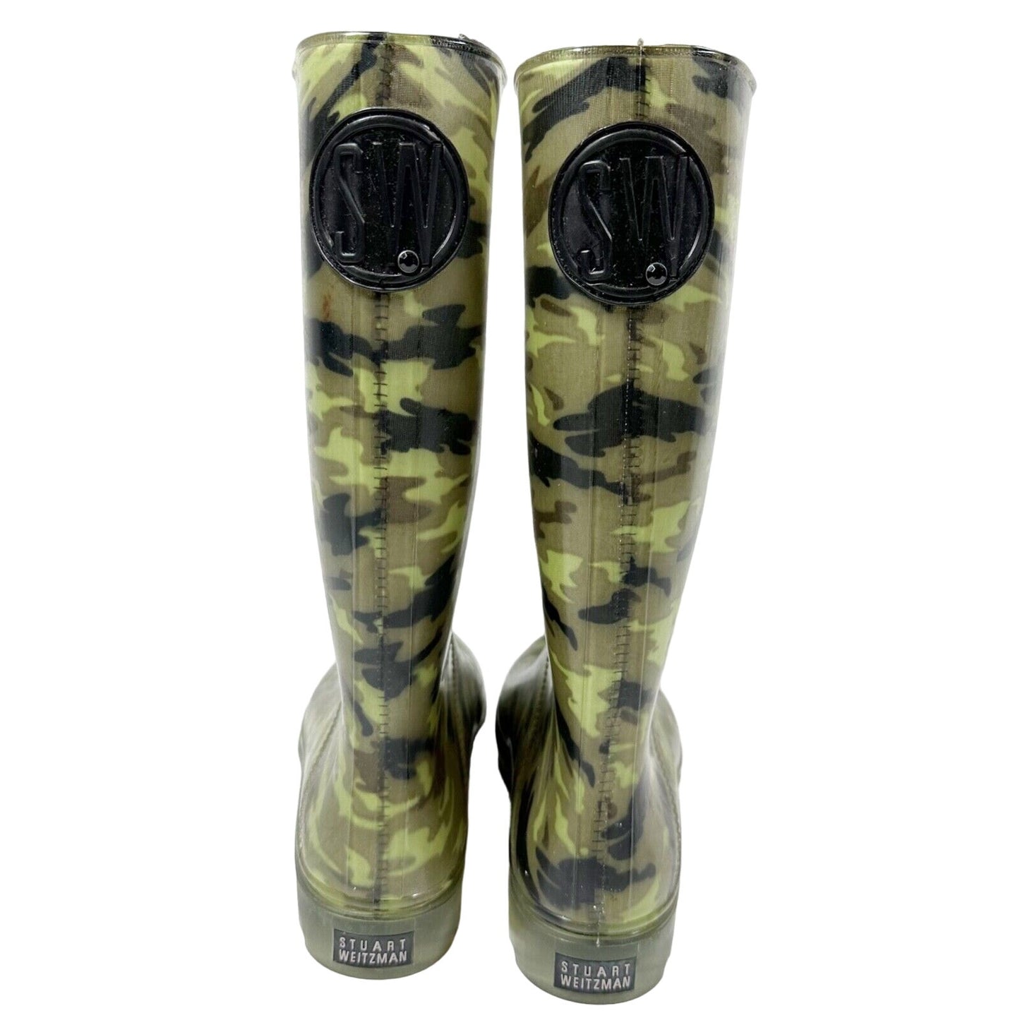 Stuart Weitzman green camo camouflage rubber BOOTS shoes size XL (10) mid-calf