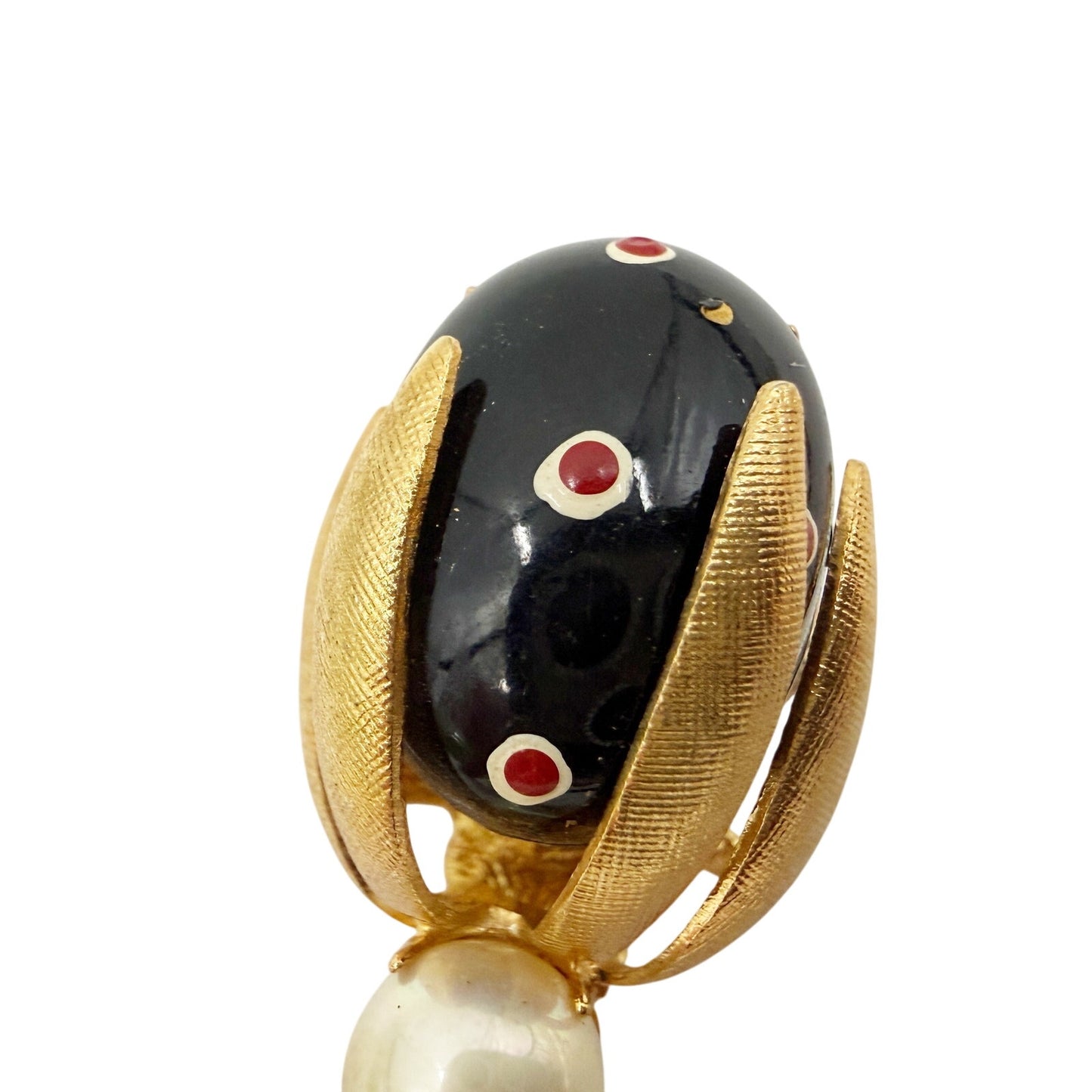 vintage black red & gold Beetle Bug BROOCH insect jewelry pin faux pearl