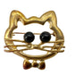 vintage gold & black kitty cat face head BROOCH jewelry pin bow tie bead eyes