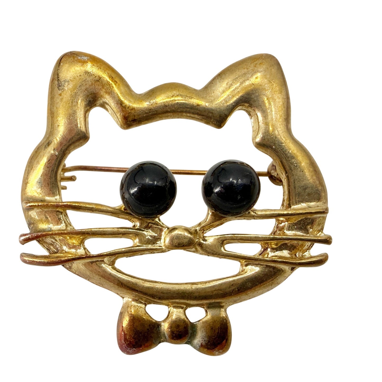 vintage gold & black kitty cat face head BROOCH jewelry pin bow tie bead eyes
