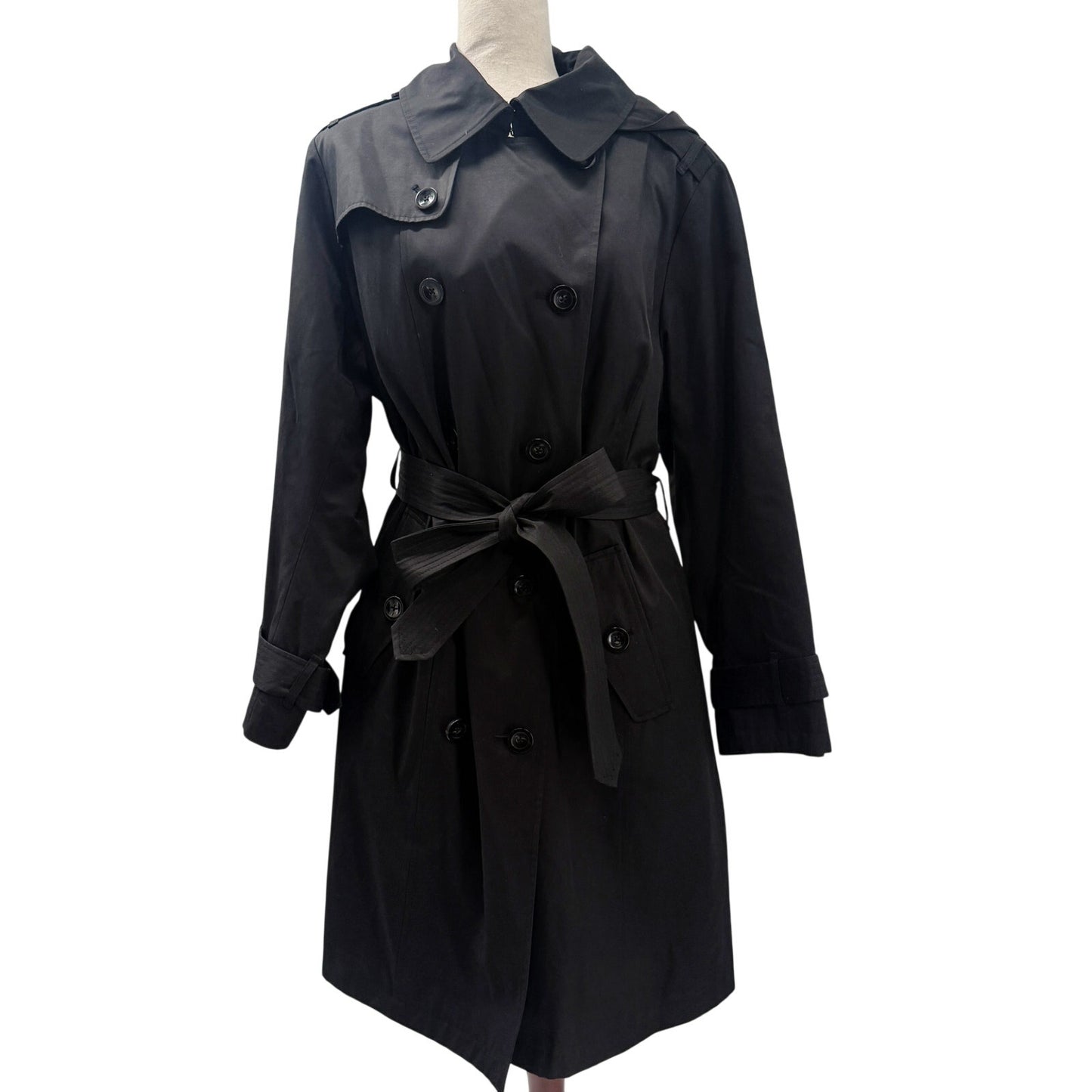 London Fog black belted Trench Coat women's 1X removable hood jacket outerwear
