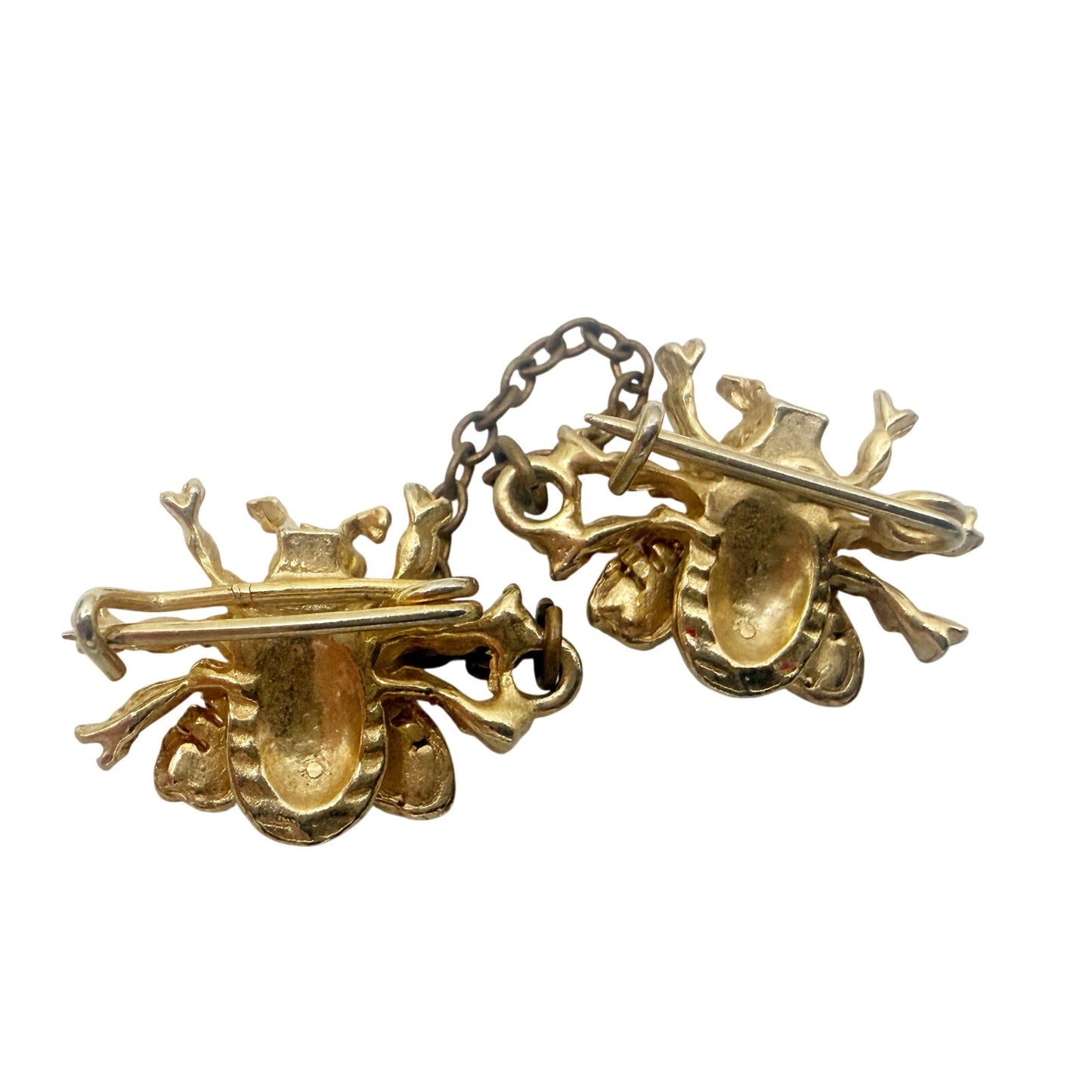 vintage pair red gold Bees bugs attached chain BROOCH insect costume jewelry pin