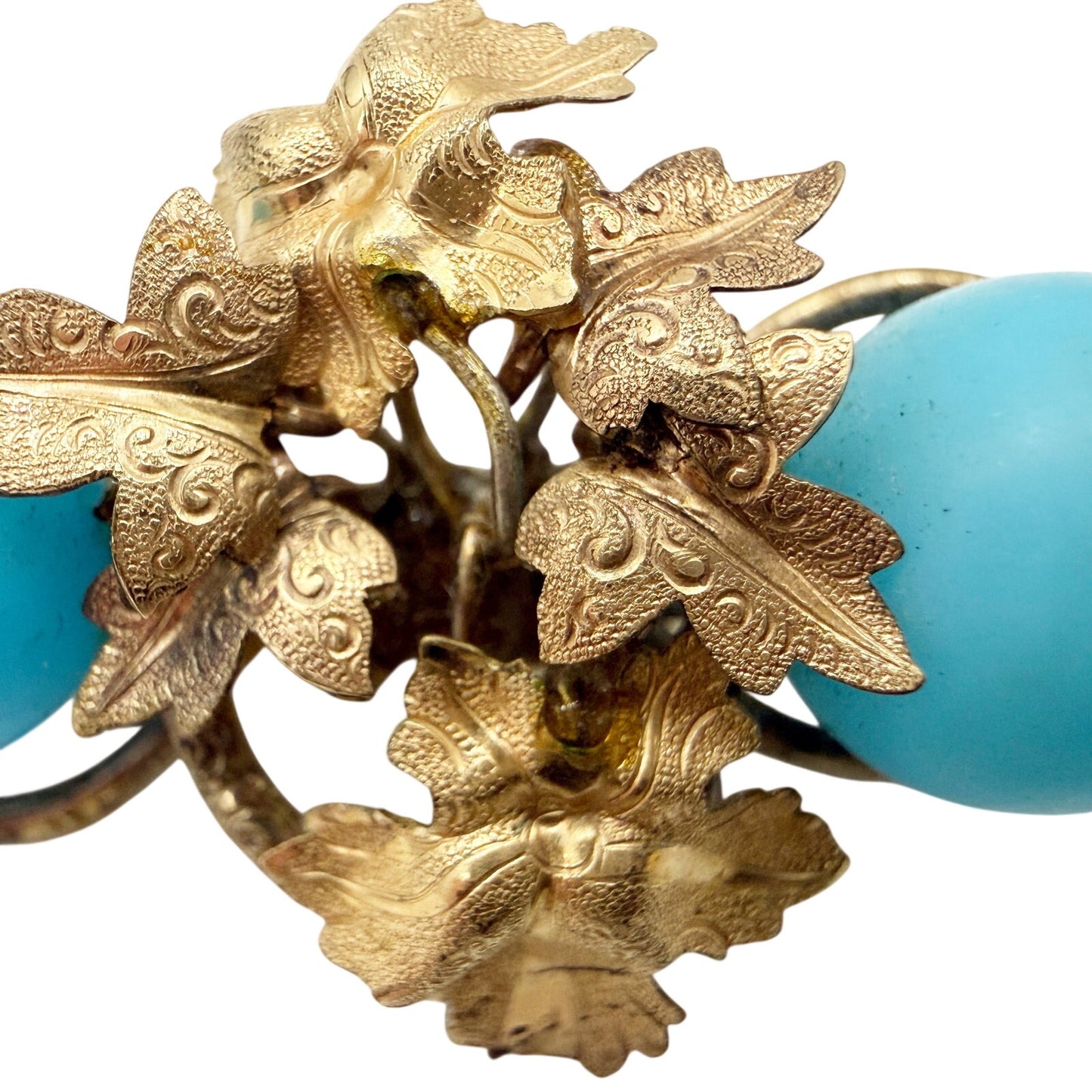 vintage gold leaf & turquoise blue beads BROOCH pendant or jewelry pin