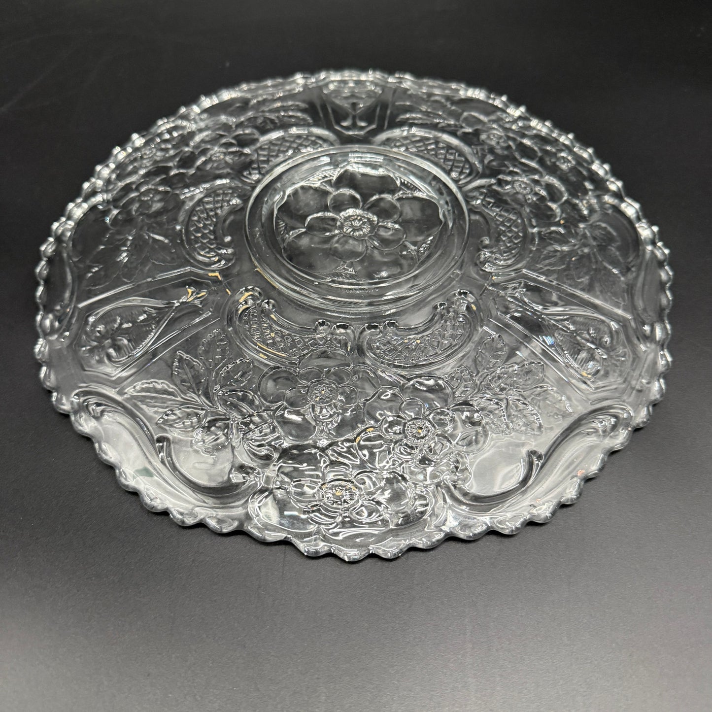 vintage 10.5" clear glass floral Cake Plate scalloped edge pressed glassware