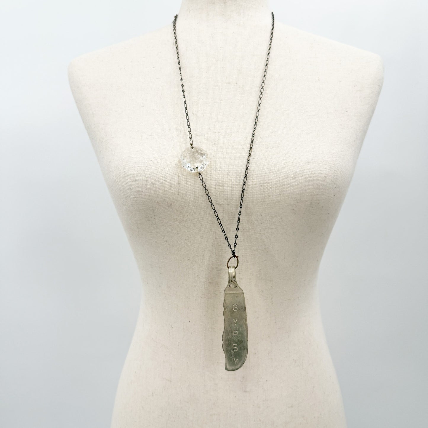 farrah b chain link Necklace large rhinestone vintage GYPSY knife pendant